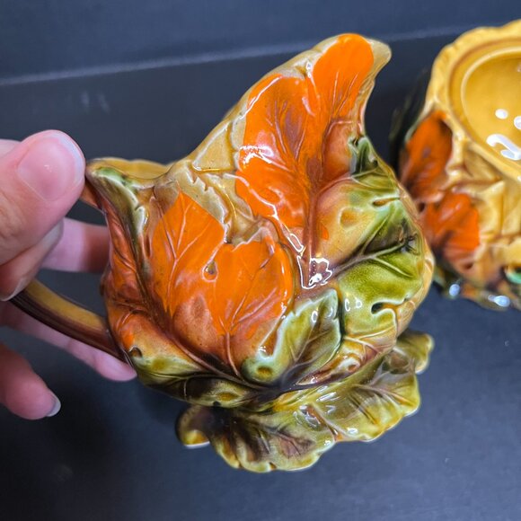 Vintage Cream and Sugar Set Orange Brown Ceramic Pottery Fall Leaves Decor Japan - Picture 8 of 9